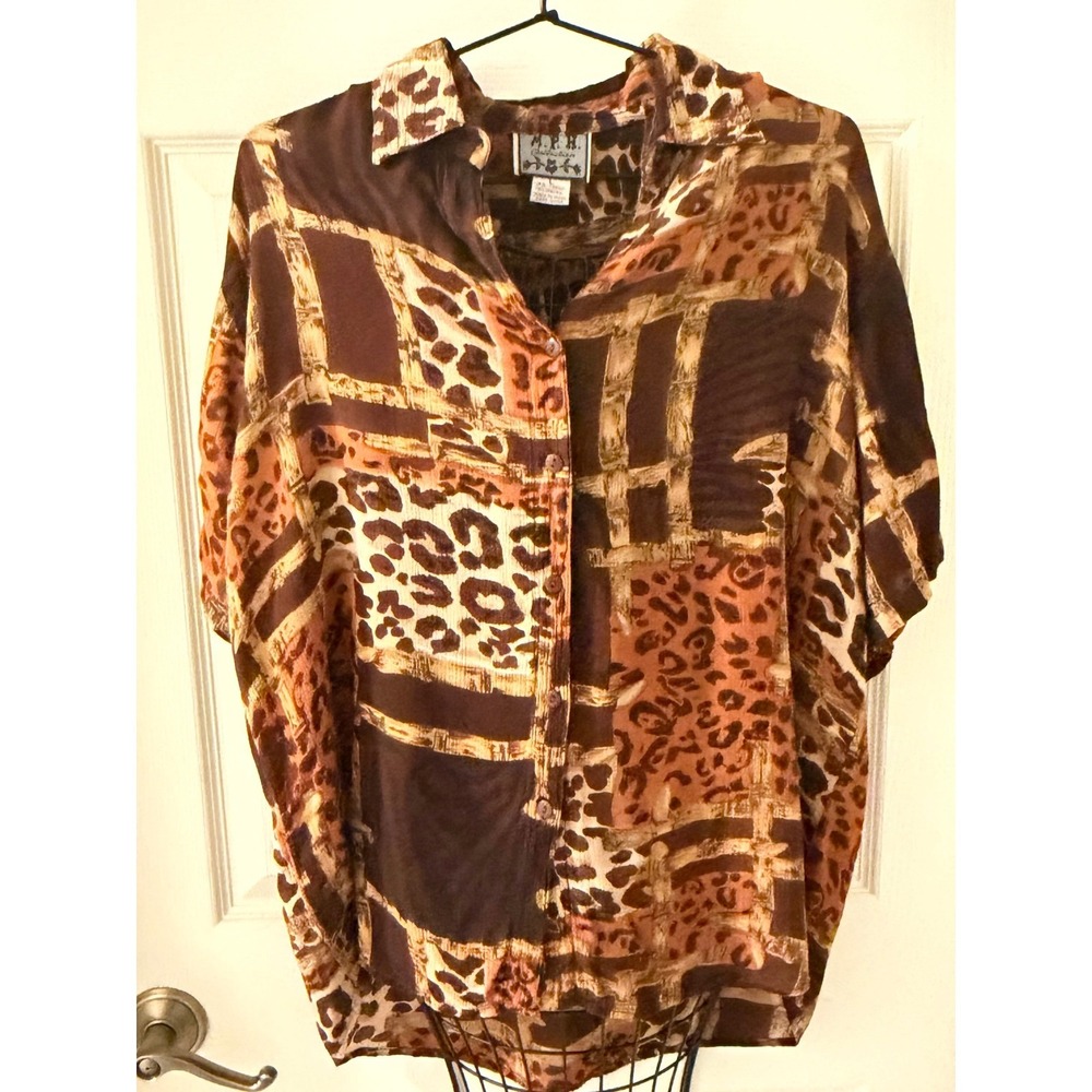 M.P.H. Collection Animal Patchwork Print Rayon Button Front Blouse Size L